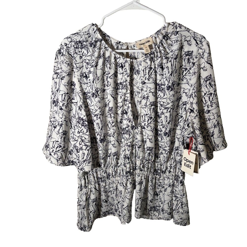Open Edit Blouse Women's 2X Round Neck Short Sleeve Floral Keyhole Top NWT